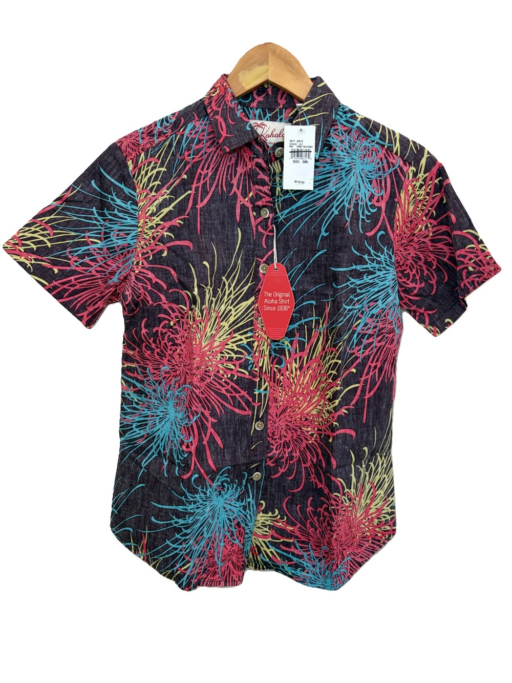 NWT Kahala "Hanabi" Reverse Print Aloha Shirt Small Wine Purple Firework Cotton
